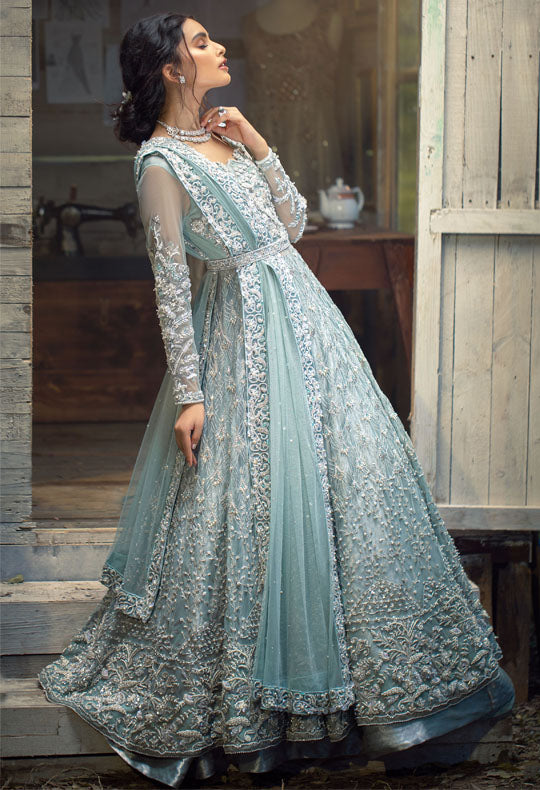 Pakistani Iced Aqua Embellished Net Gown with Jacquard Lehenga (3-Piece) - Image 3