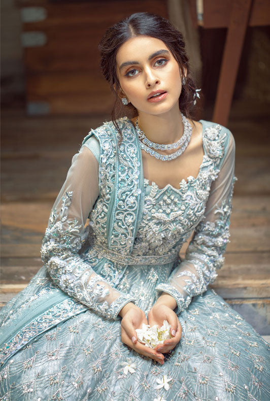Pakistani Iced Aqua Embellished Net Gown with Jacquard Lehenga (3-Piece) - Image 4