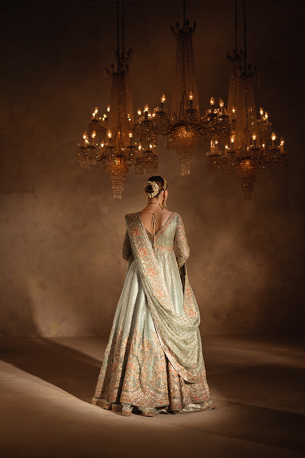 Dusty Aqua Embroidered Jamavar Lehenga & Flared Pishwas (3-Piece) - Image 2