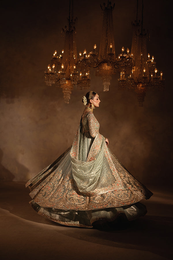 Dusty Aqua Embroidered Jamavar Lehenga & Flared Pishwas (3-Piece) - Image 8