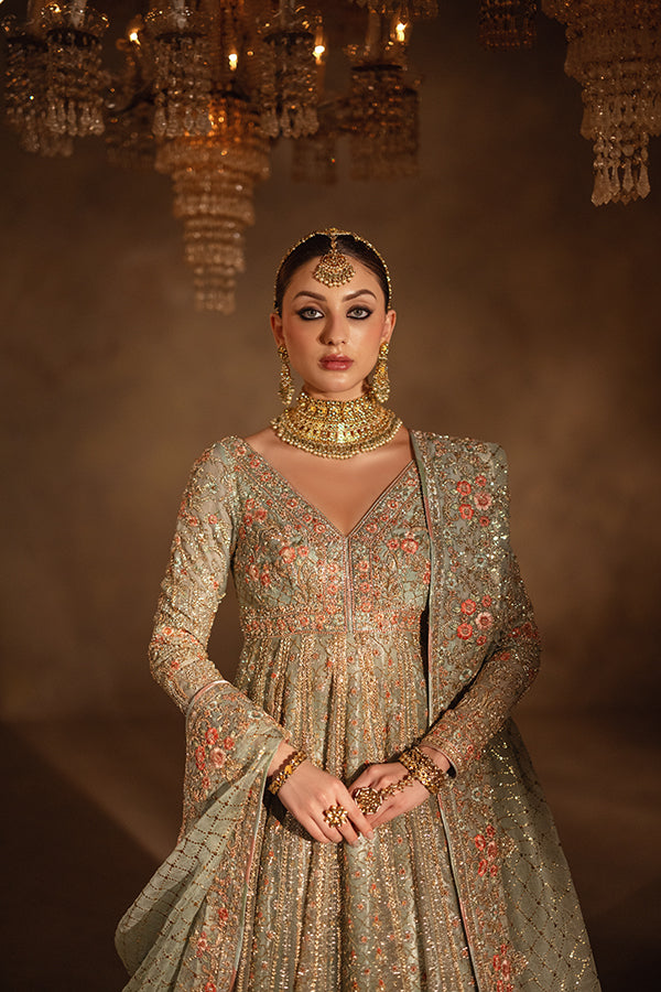 Dusty Aqua Embroidered Jamavar Lehenga & Flared Pishwas (3-Piece) - Image 9