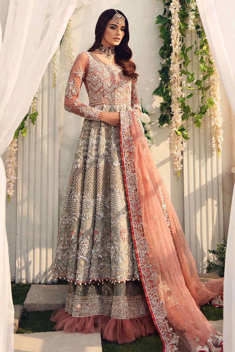 Pakistani Aquamarine & Silver Embroidered Net Gown with Jamawar Lehenga (3-Piece) - Image 1
