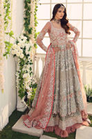 Pakistani Aquamarine & Silver Embroidered Net Gown with Jamawar Lehenga (3-Piece) - Image 3