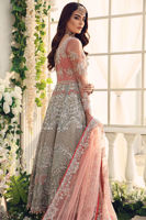 Pakistani Aquamarine & Silver Embroidered Net Gown with Jamawar Lehenga (3-Piece) - Image 5