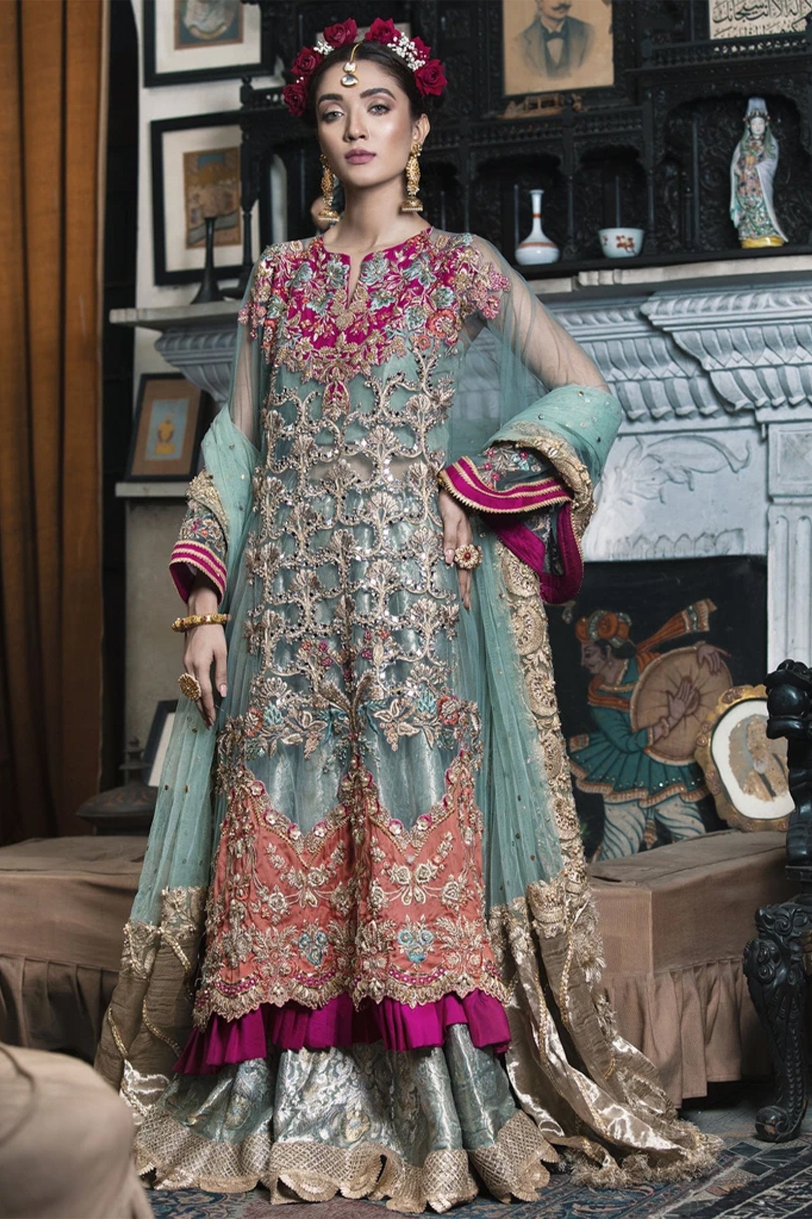 Pakistani Aqua Zardozi Net & Jamawar Bridal Lehenga (3-Piece) - Image 1