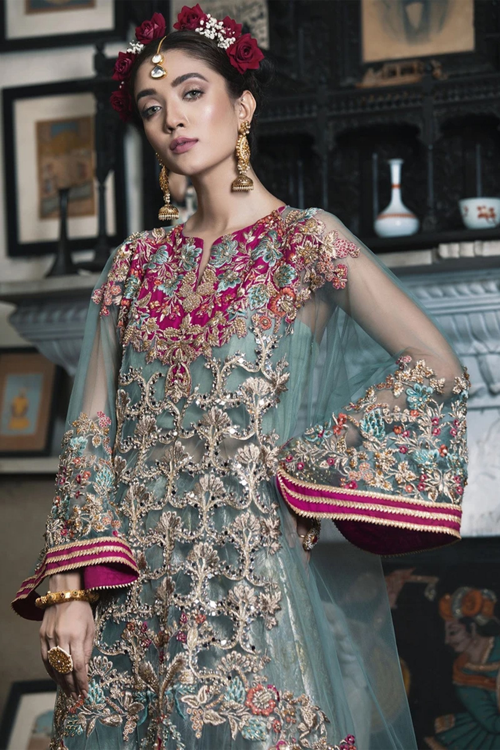 Pakistani Aqua Zardozi Net & Jamawar Bridal Lehenga (3-Piece) - Image 2