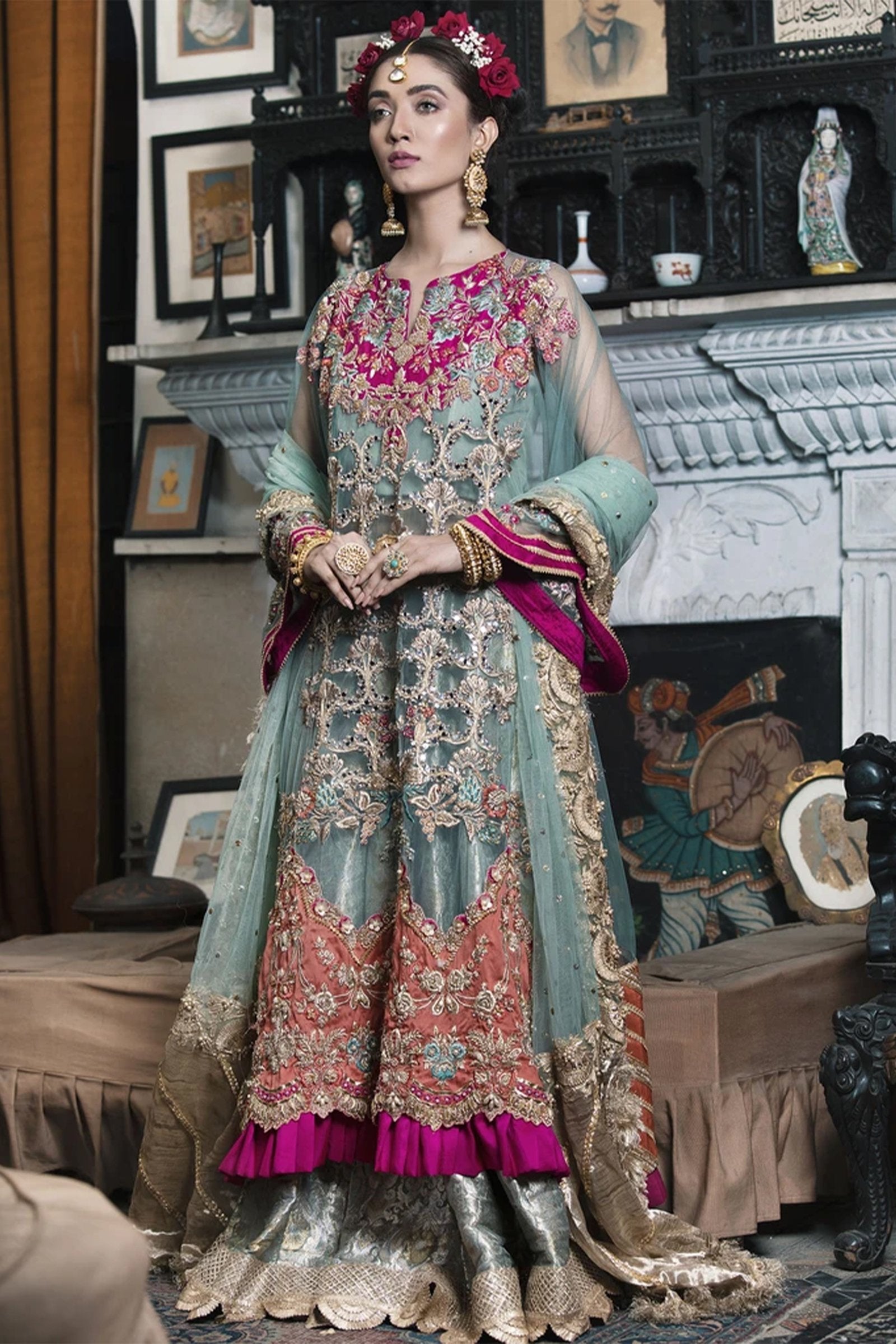 Pakistani Aqua Zardozi Net & Jamawar Bridal Lehenga (3-Piece) - Image 3