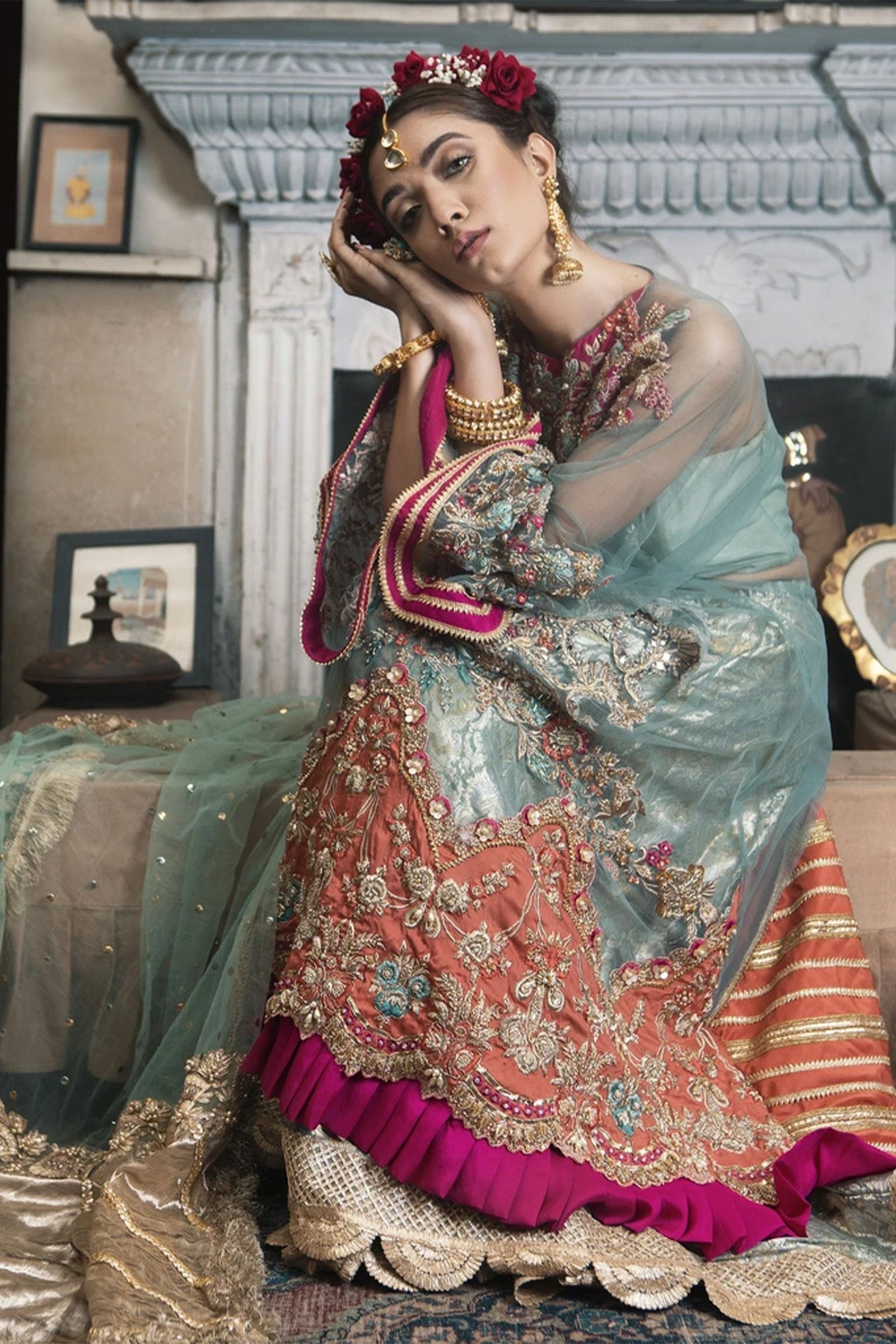 Pakistani Aqua Zardozi Net & Jamawar Bridal Lehenga (3-Piece) - Image 4