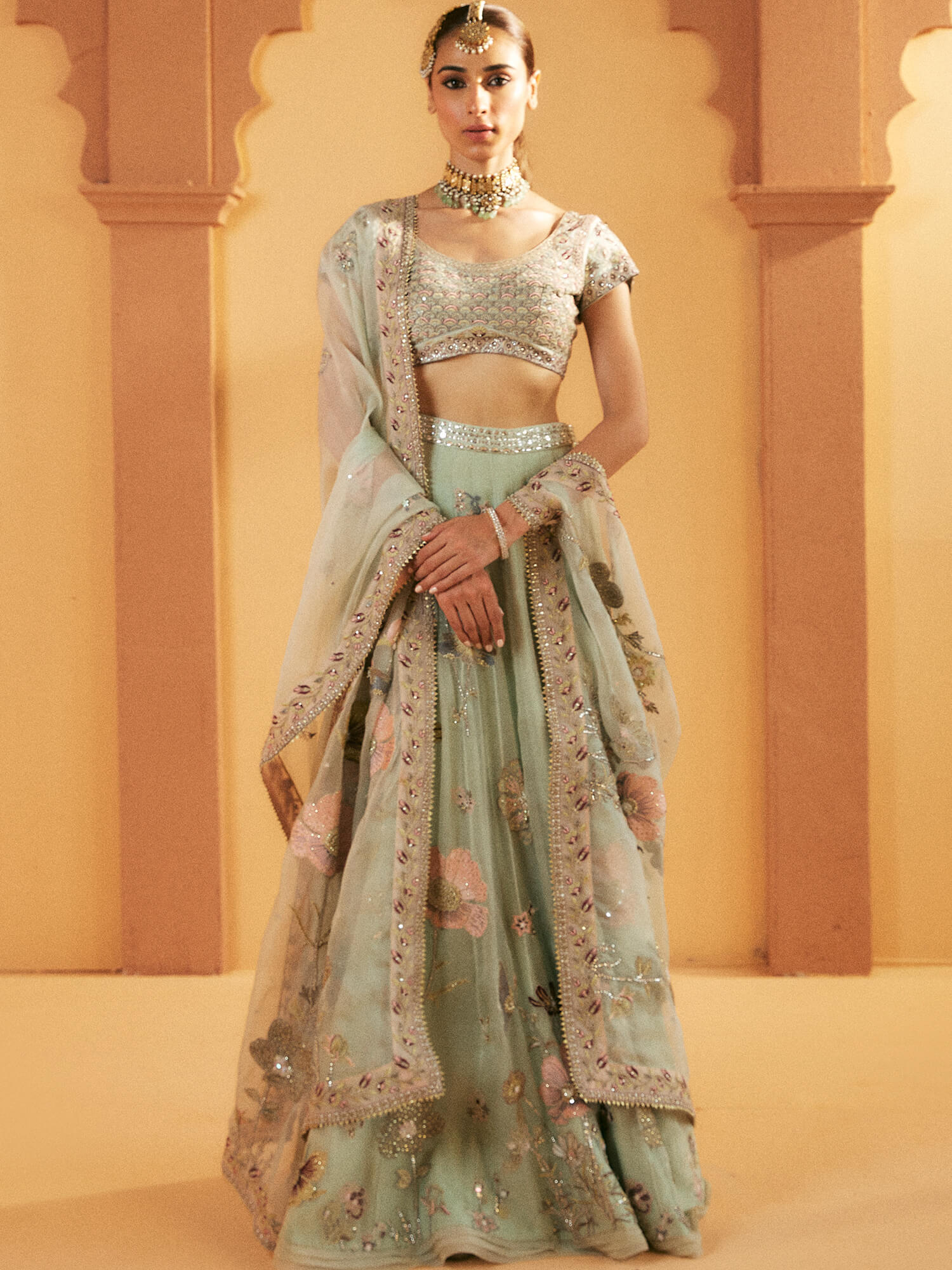 Pakistani Aquamarine Resham Zardozi Khaddi Silk Lehenga Choli (3-Piece) - Image 1