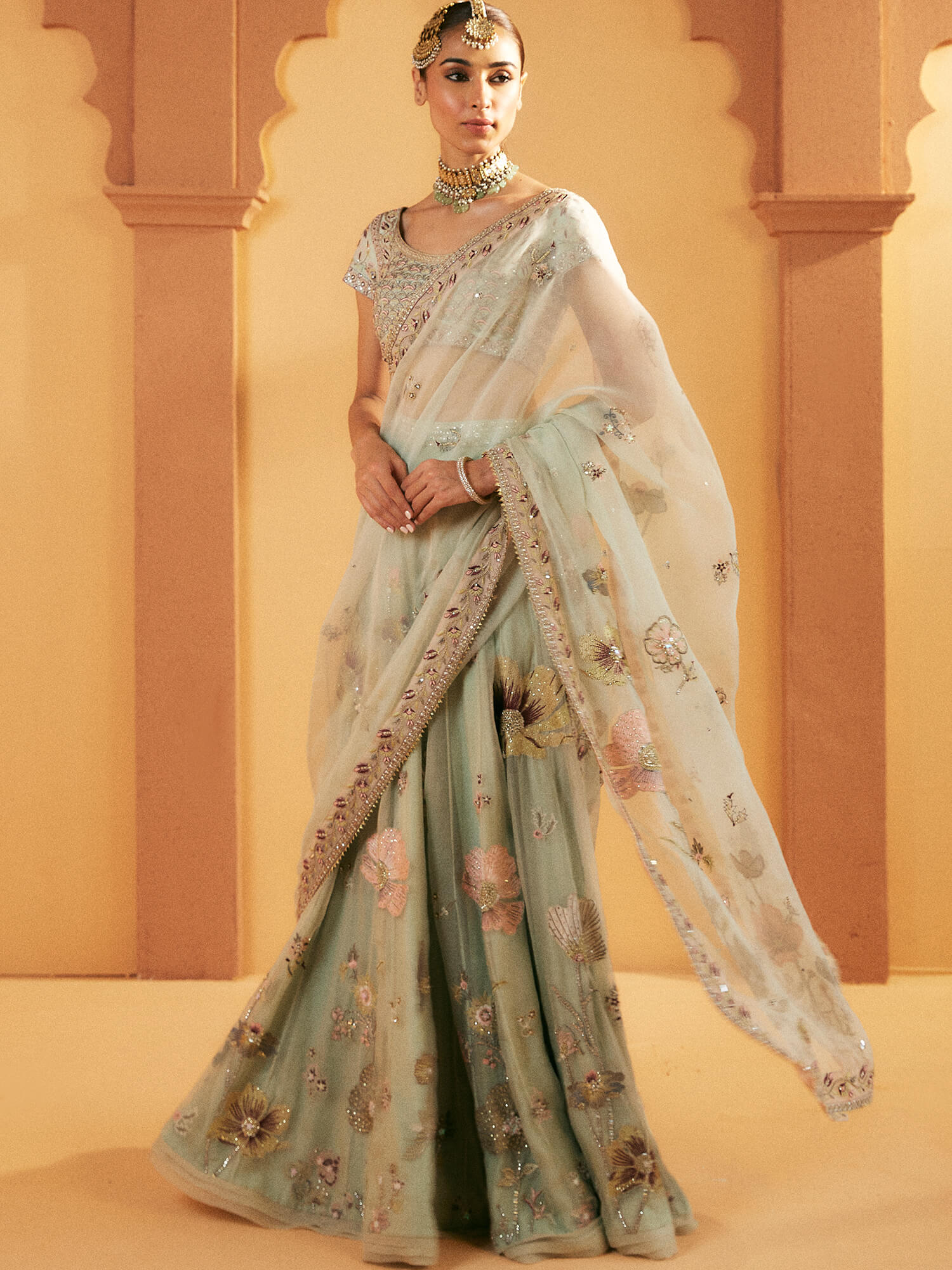 Pakistani Aquamarine Resham Zardozi Khaddi Silk Lehenga Choli (3-Piece) - Image 3