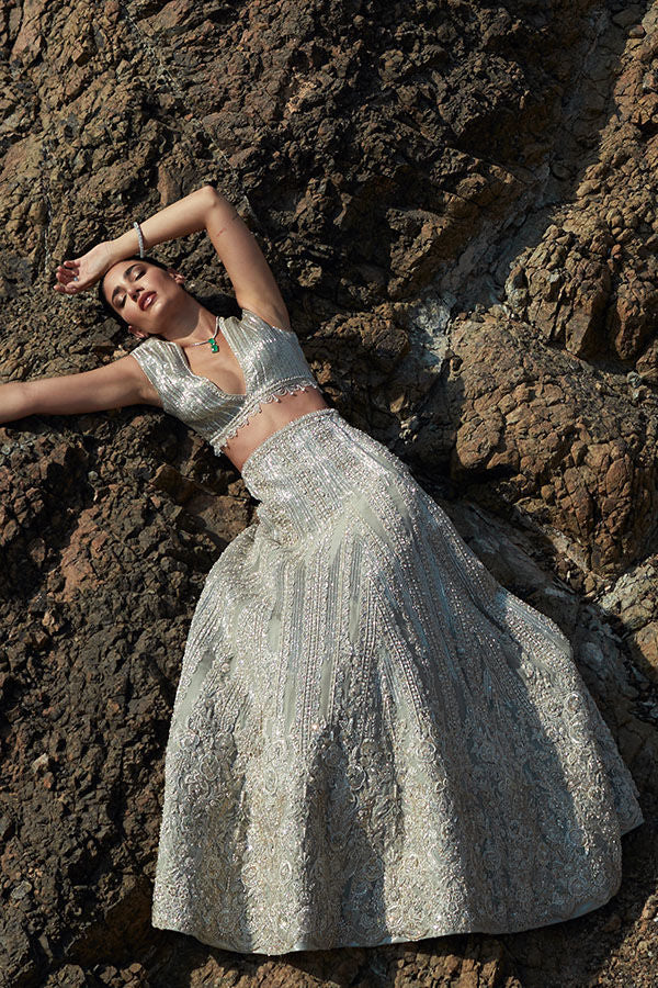 Aqua Embellished Net Mermaid Lehenga Set (2-Piece) - Image 1