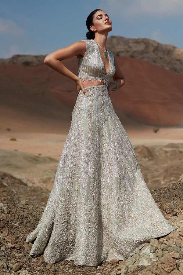 Aqua Embellished Net Mermaid Lehenga Set (2-Piece) - Image 3