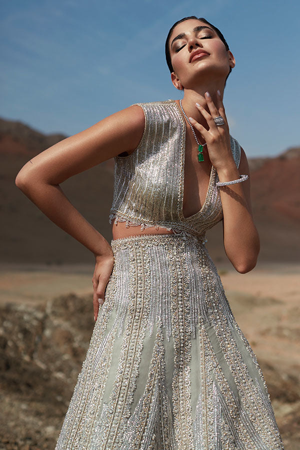 Aqua Embellished Net Mermaid Lehenga Set (2-Piece) - Image 5