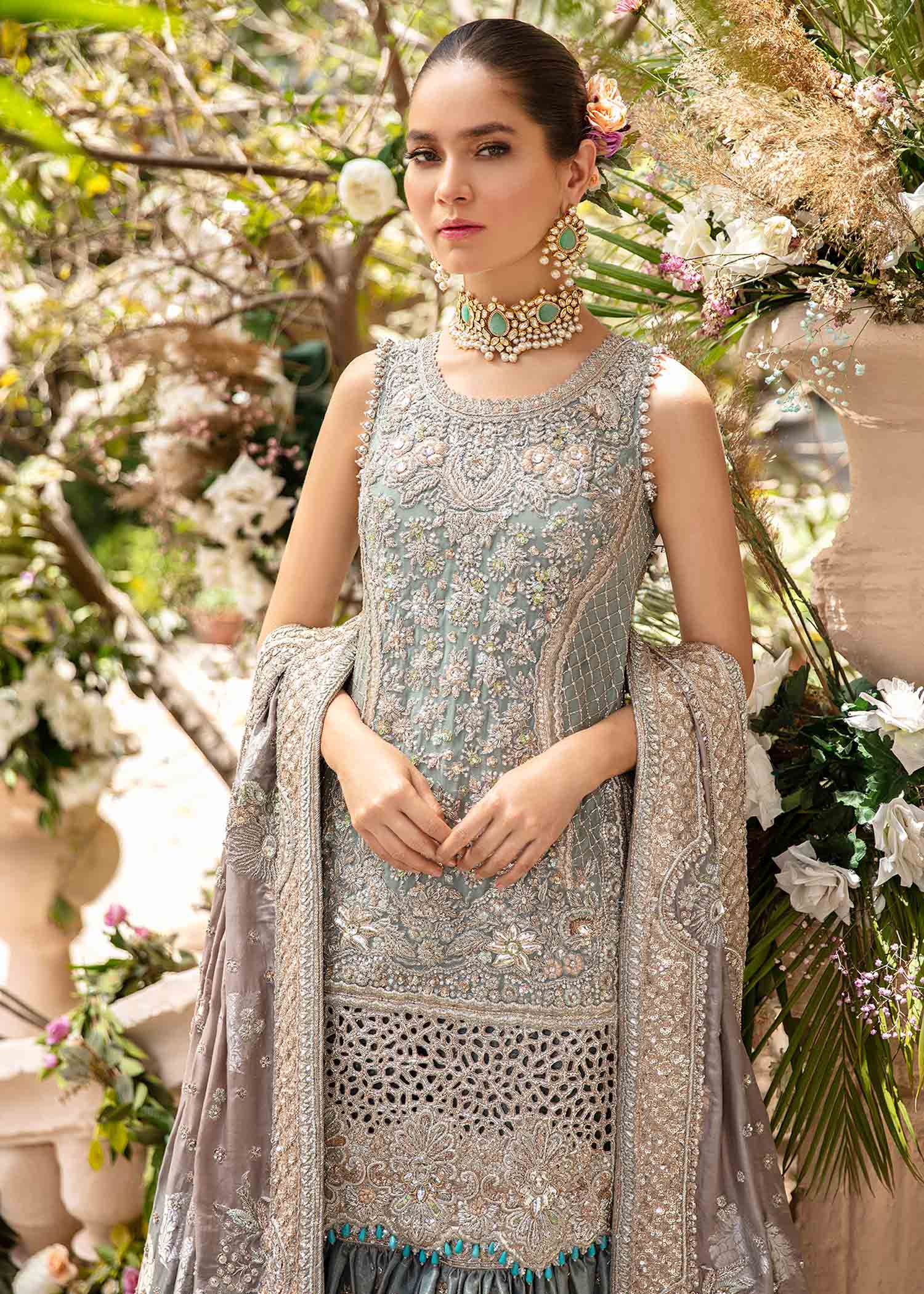 Pakistani Dusty Aqua Embellished Net Silk Lehenga (3-Piece) - Image 5