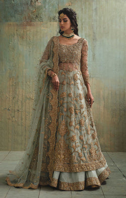 Pakistani Aqua Zardozi Net Pishwas & Organza Lehenga (3-Piece) - Image 1