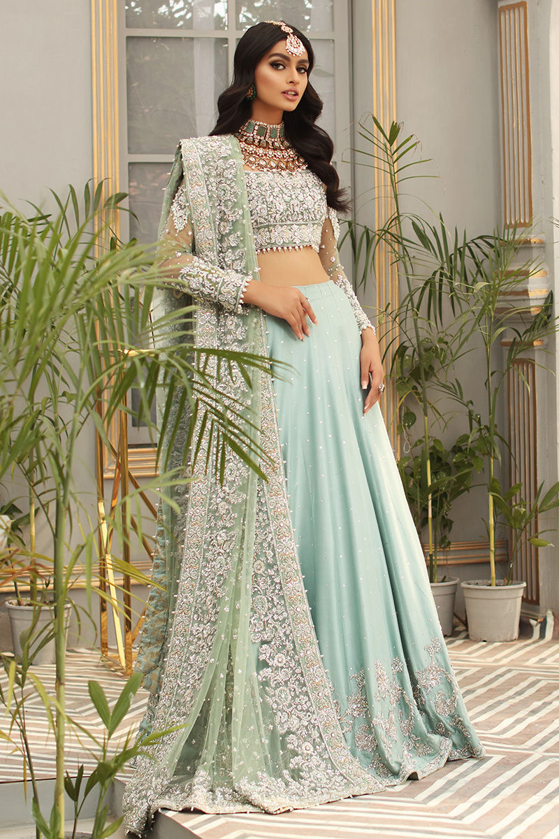 Pakistani Aqua Embellished Net Blouse & Raw Silk Lehnga (3-Piece) - Image 1