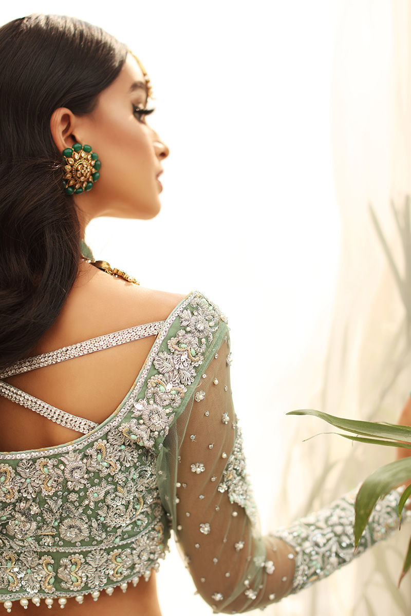 Pakistani Aqua Embellished Net Blouse & Raw Silk Lehnga (3-Piece) - Image 10
