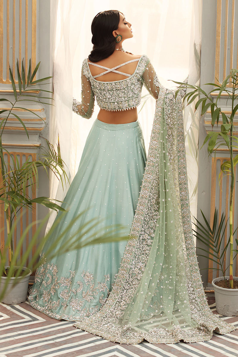 Pakistani Aqua Embellished Net Blouse & Raw Silk Lehnga (3-Piece) - Image 13