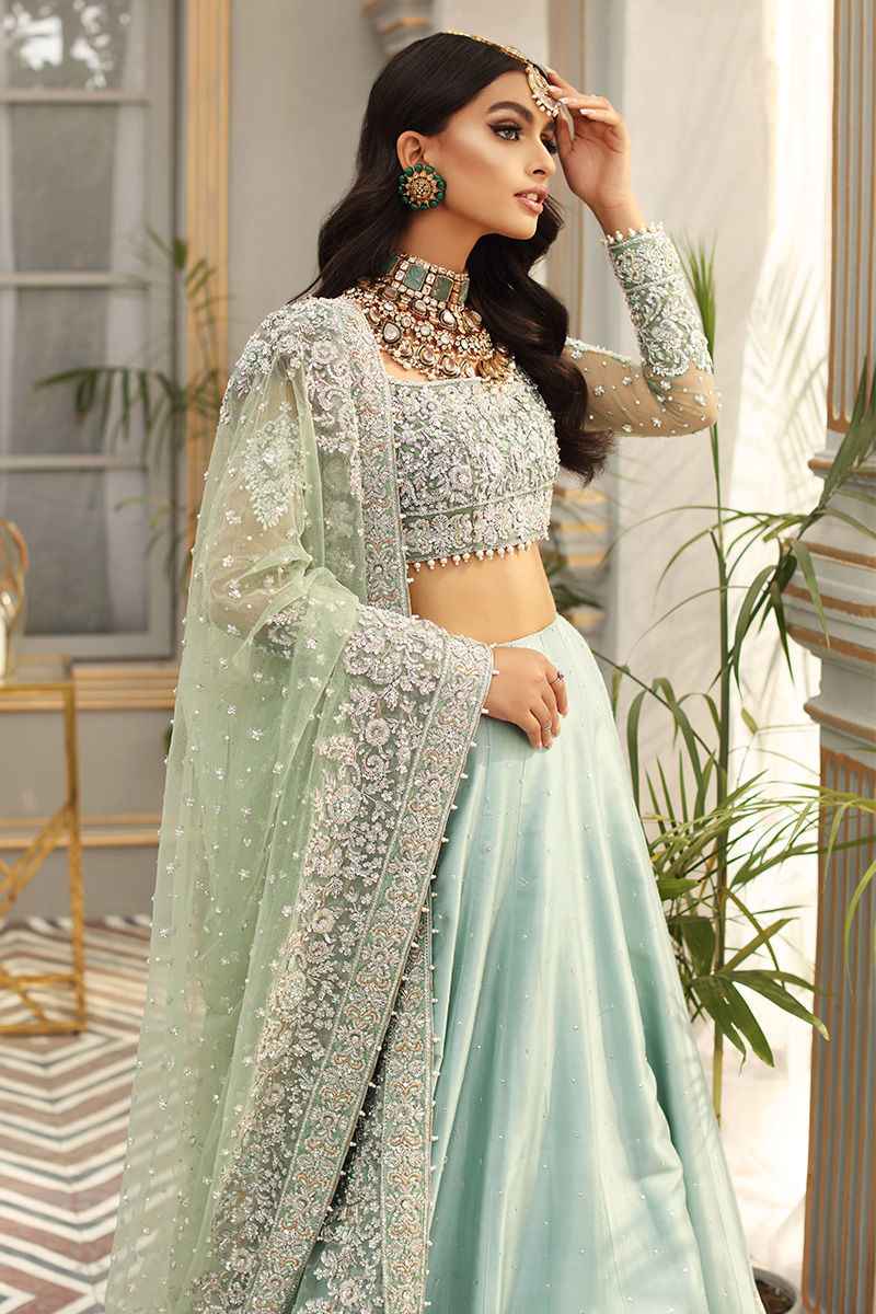 Pakistani Aqua Embellished Net Blouse & Raw Silk Lehnga (3-Piece) - Image 3