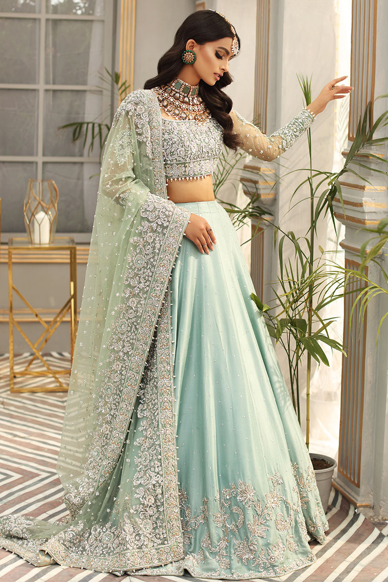 Pakistani Aqua Embellished Net Blouse & Raw Silk Lehnga (3-Piece) - Image 4