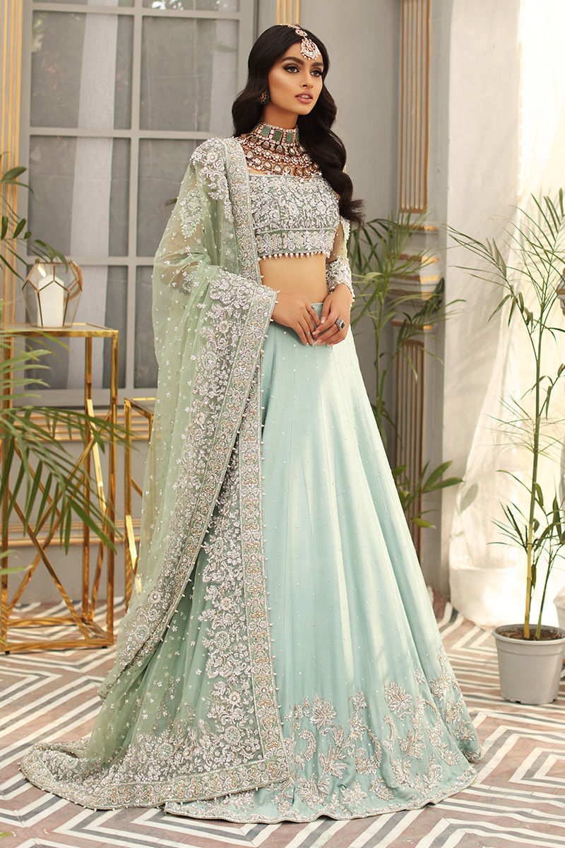 Pakistani Aqua Embellished Net Blouse & Raw Silk Lehnga (3-Piece) - Image 5