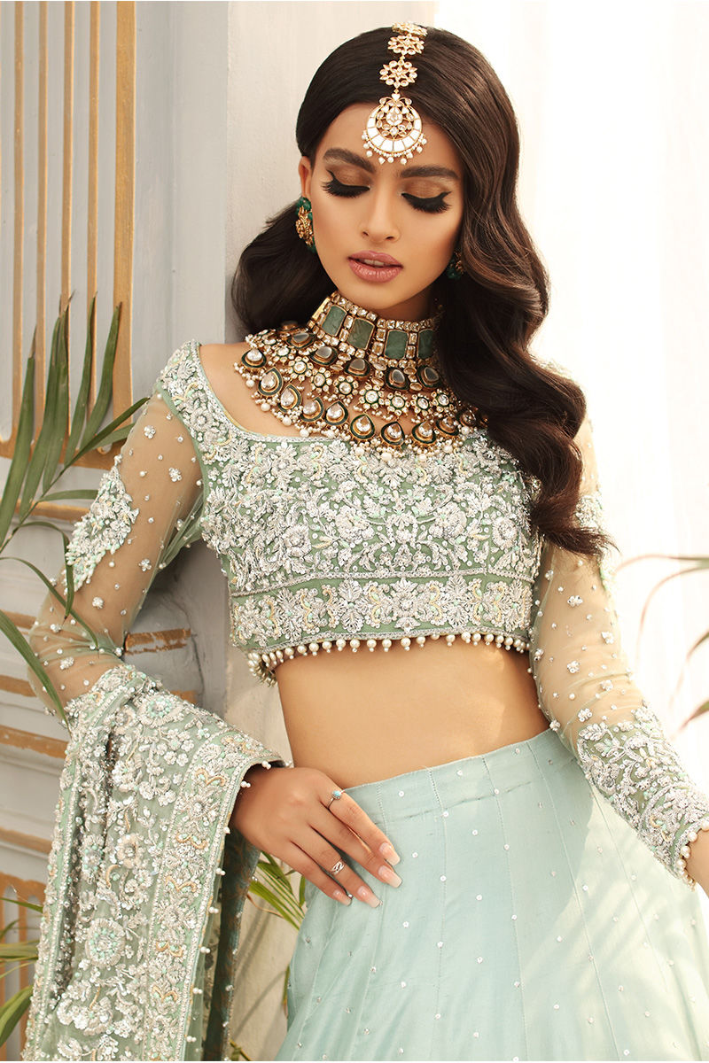 Pakistani Aqua Embellished Net Blouse & Raw Silk Lehnga (3-Piece) - Image 7