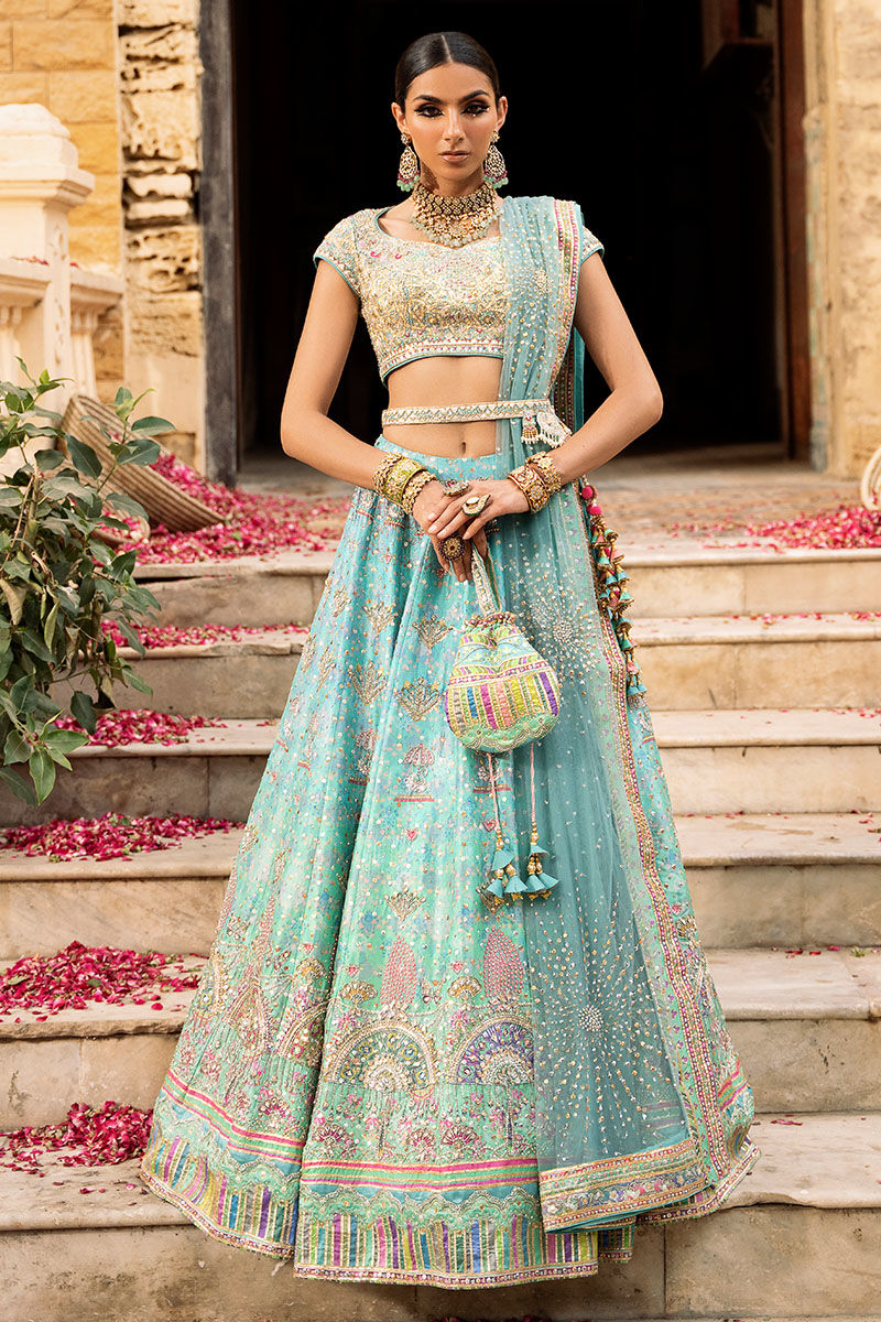 Pakistani Aqua Embellished Raw Silk Lehenga Choli (3-Piece) - Image 1