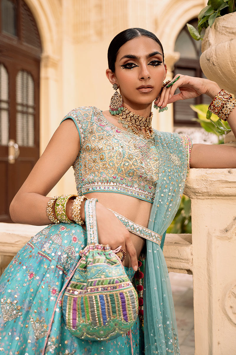 Pakistani Aqua Embellished Raw Silk Lehenga Choli (3-Piece) - Image 2