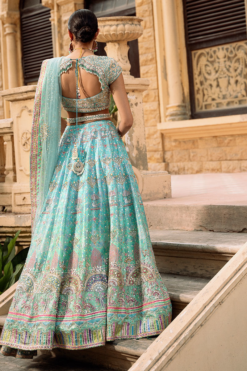 Pakistani Aqua Embellished Raw Silk Lehenga Choli (3-Piece) - Image 3