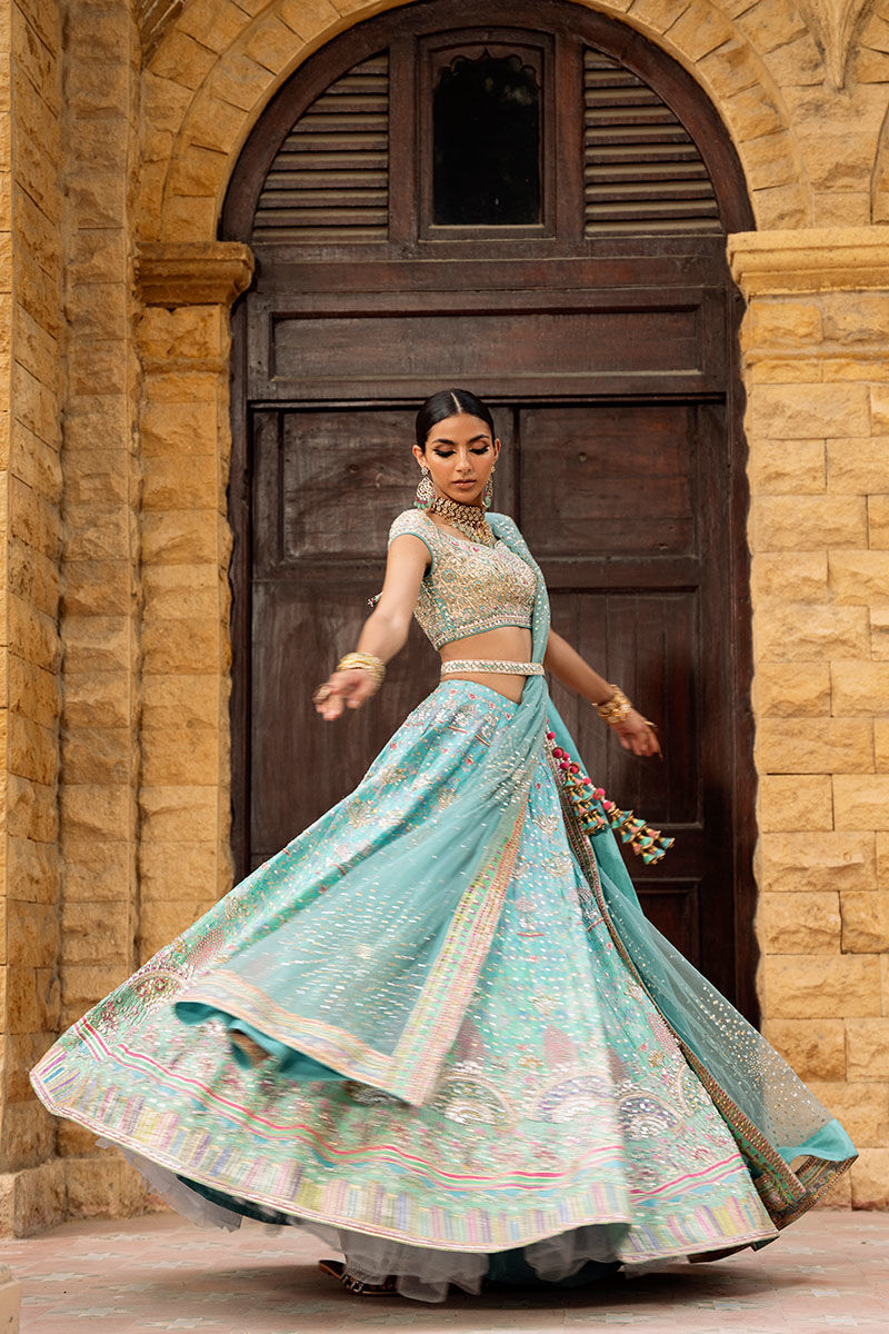 Pakistani Aqua Embellished Raw Silk Lehenga Choli (3-Piece) - Image 4