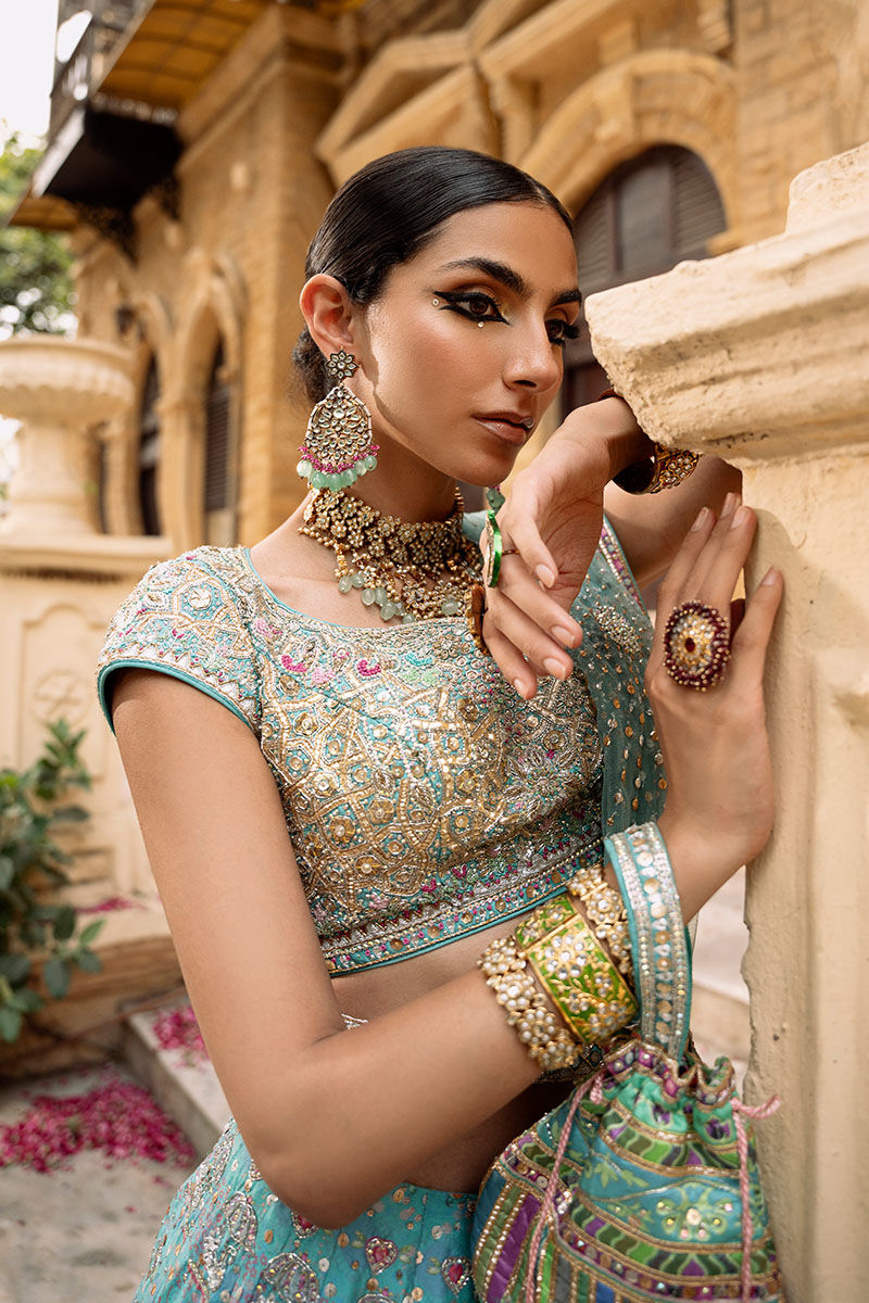 Pakistani Aqua Embellished Raw Silk Lehenga Choli (3-Piece) - Image 5