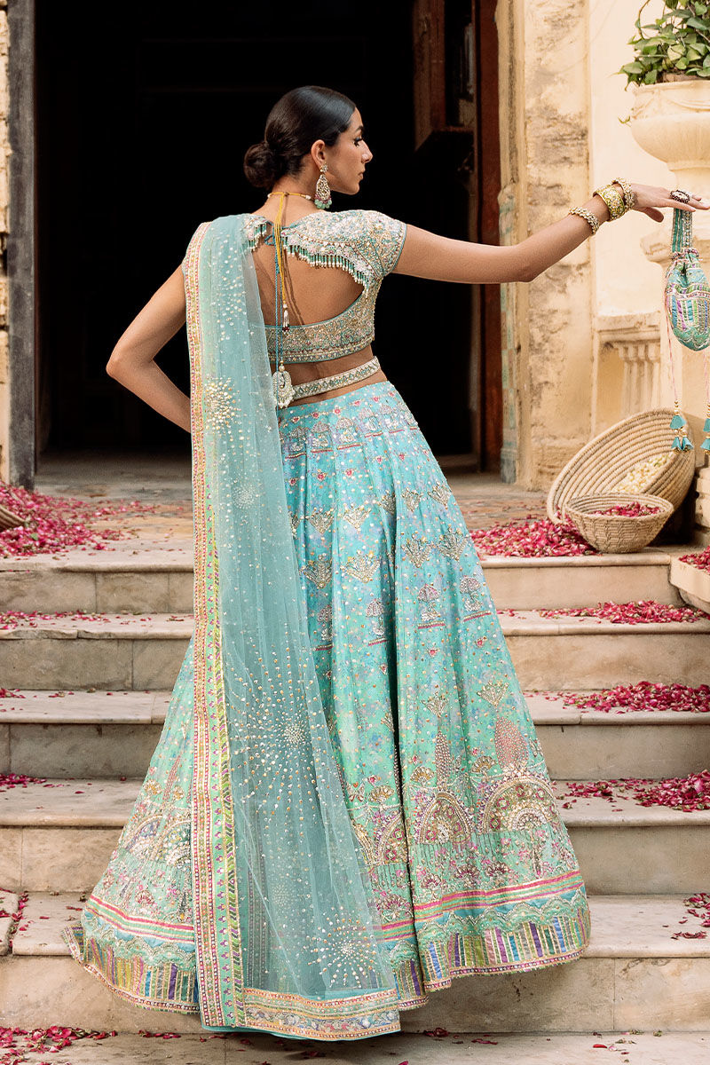 Pakistani Aqua Embellished Raw Silk Lehenga Choli (3-Piece) - Image 6