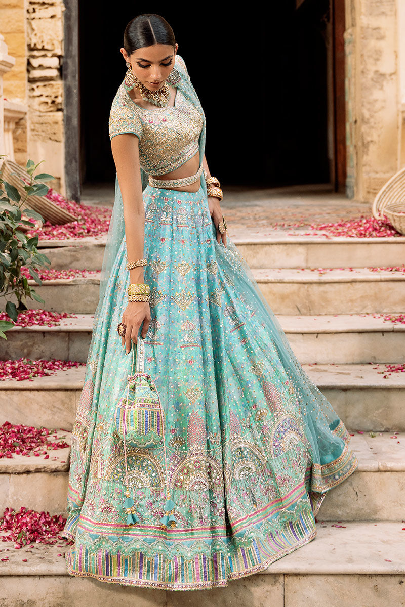 Pakistani Aqua Embellished Raw Silk Lehenga Choli (3-Piece) - Image 7