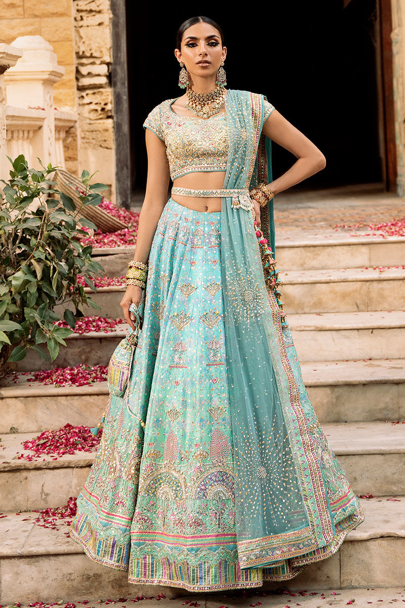 Pakistani Aqua Embellished Raw Silk Lehenga Choli (3-Piece) - Image 8