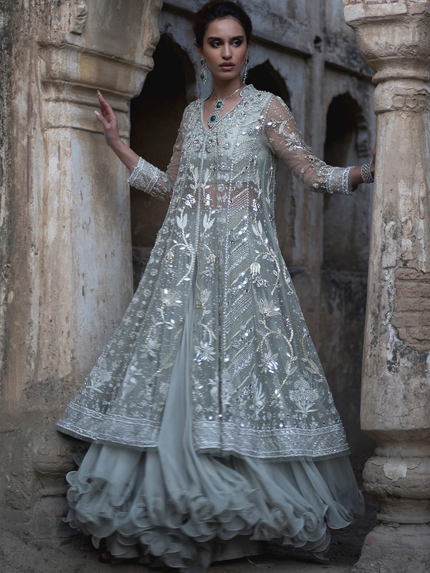 Pakistani Aqua Kamdani Tulle Kalidar Lehenga (2-Piece) - Image 1