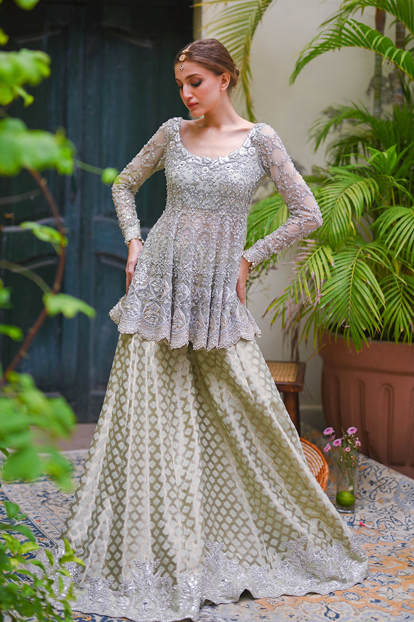 Dusty Aqua Zardozi Net Peplum with Dhaka Pajama (2-Piece) - Image 1