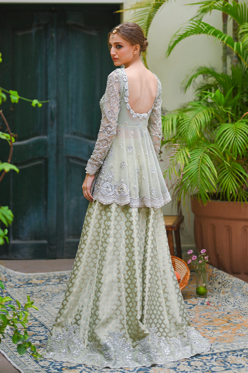 Dusty Aqua Zardozi Net Peplum with Dhaka Pajama (2-Piece) - Image 2