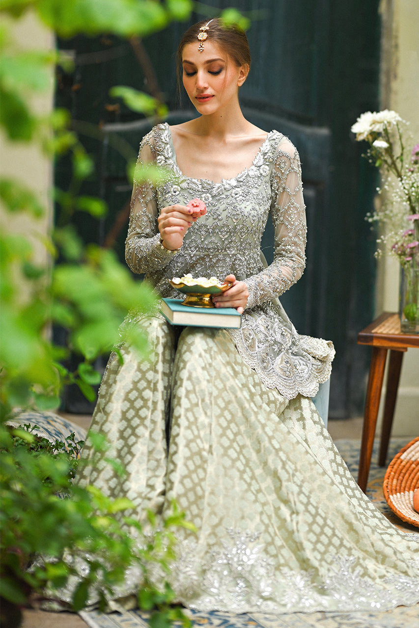 Dusty Aqua Zardozi Net Peplum with Dhaka Pajama (2-Piece) - Image 3