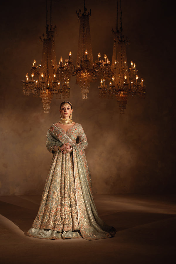 Dusty Aqua Embroidered Jamavar Pishwas Dress (3-Piece) - Image 10