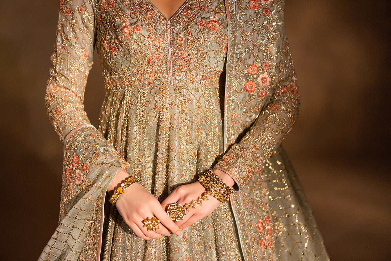 Dusty Aqua Embroidered Jamavar Pishwas Dress (3-Piece) - Image 11