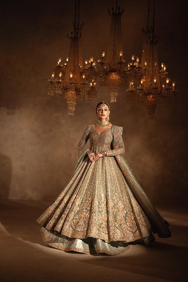 Dusty Aqua Embroidered Jamavar Pishwas Dress (3-Piece) - Image 9