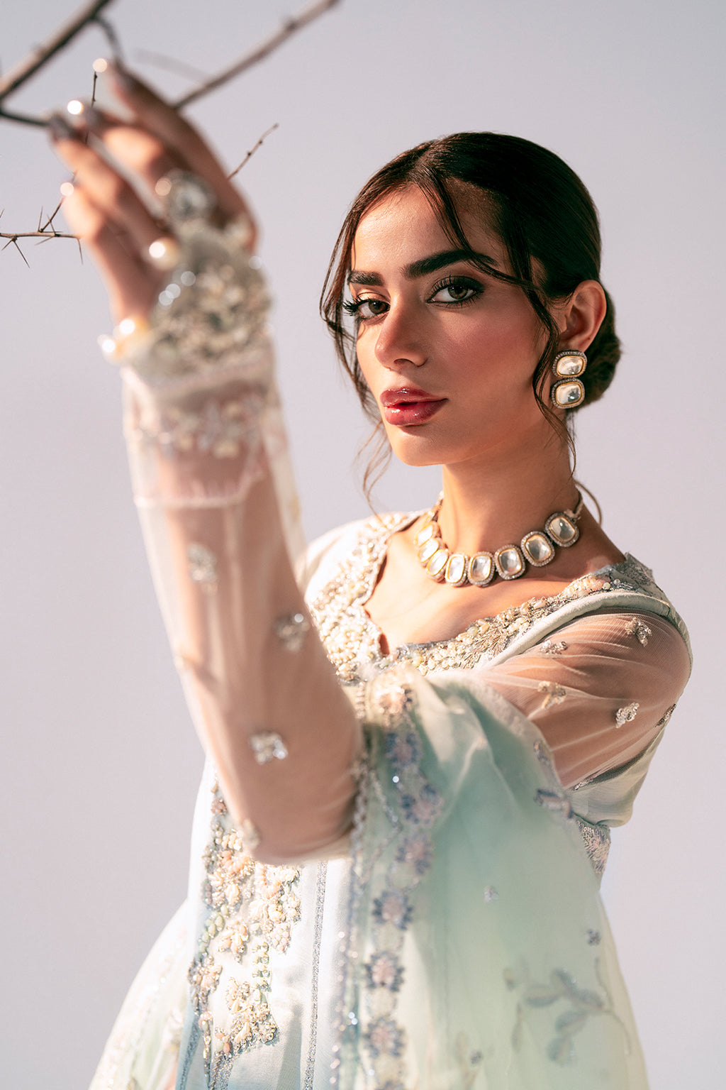 Pakistani Powder Aqua Embroidered Korean Raw Silk Pishwas (3-Piece) - Image 4