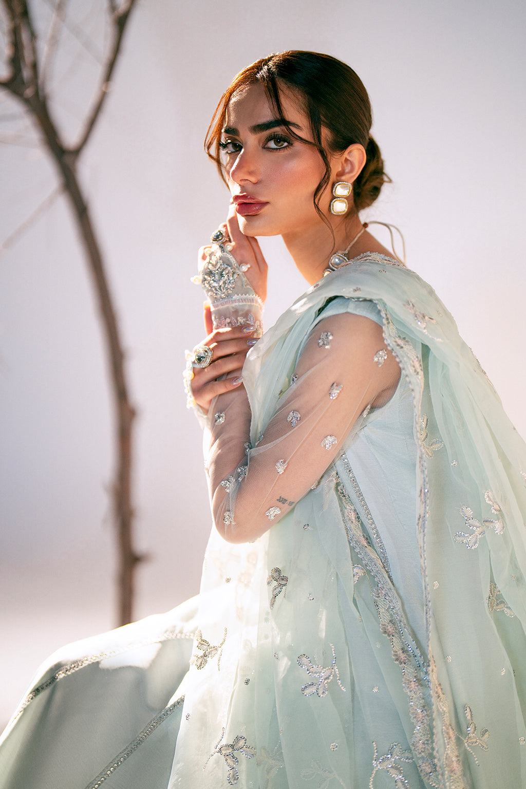 Pakistani Powder Aqua Embroidered Korean Raw Silk Pishwas (3-Piece) - Image 5