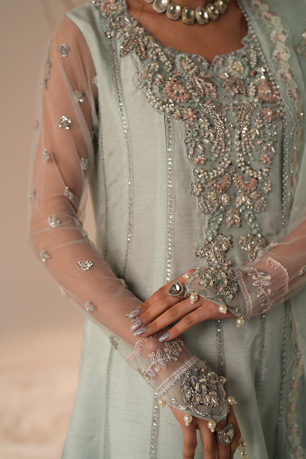 Pakistani Powder Aqua Embroidered Korean Raw Silk Pishwas (3-Piece) - Image 6