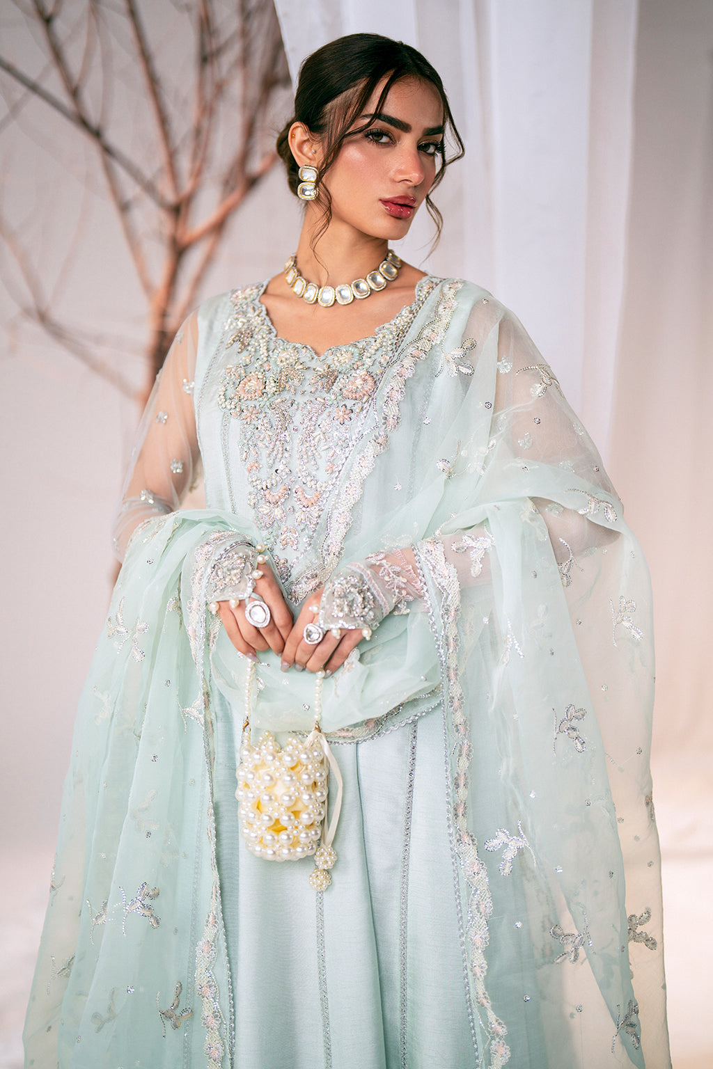 Pakistani Powder Aqua Embroidered Korean Raw Silk Pishwas (3-Piece) - Image 8