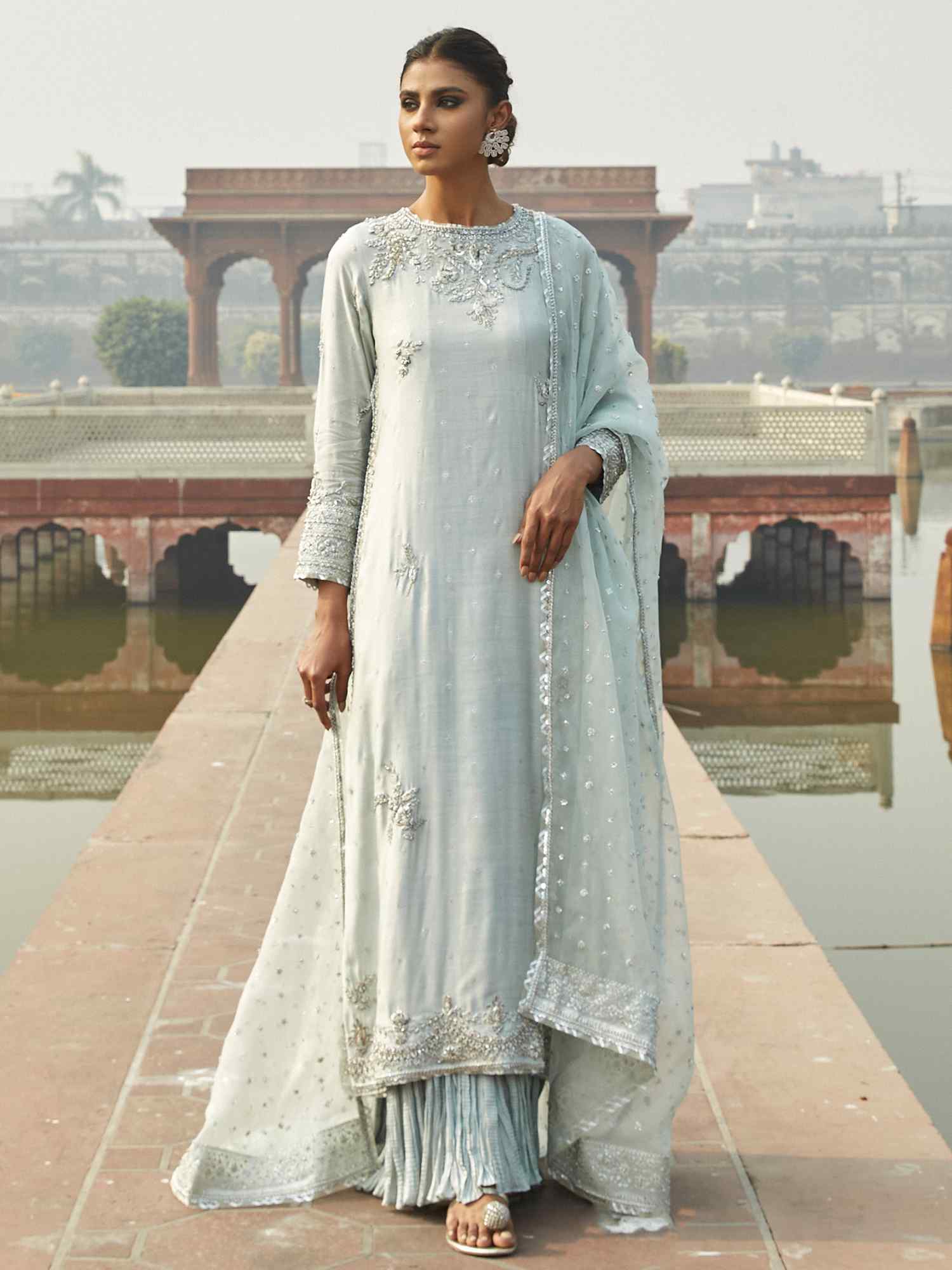 Pakistani Light Aqua Embroidered Khadi Silk Salwar Kameez (3-Piece) - Image 1