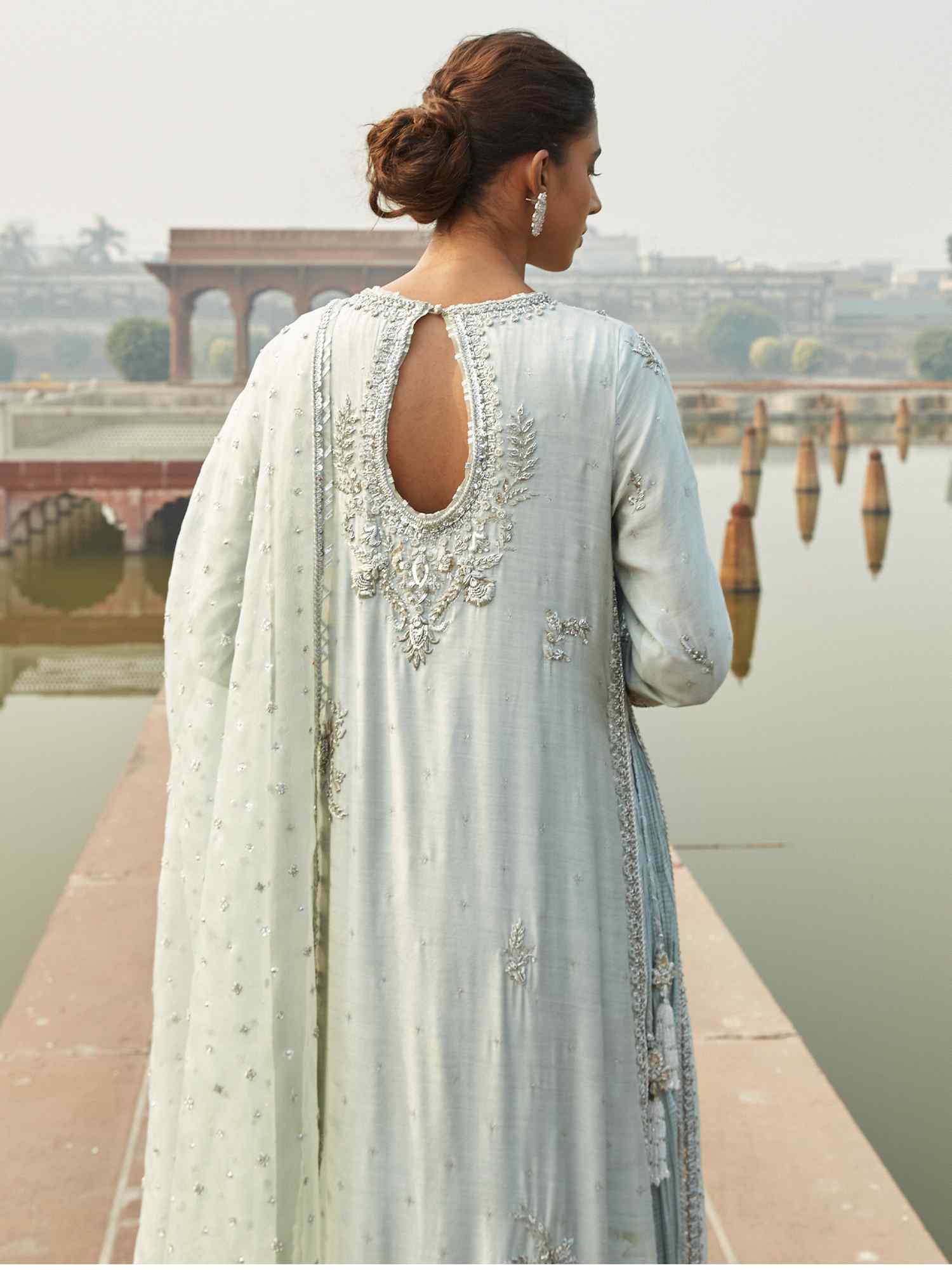 Pakistani Light Aqua Embroidered Khadi Silk Salwar Kameez (3-Piece) - Image 2