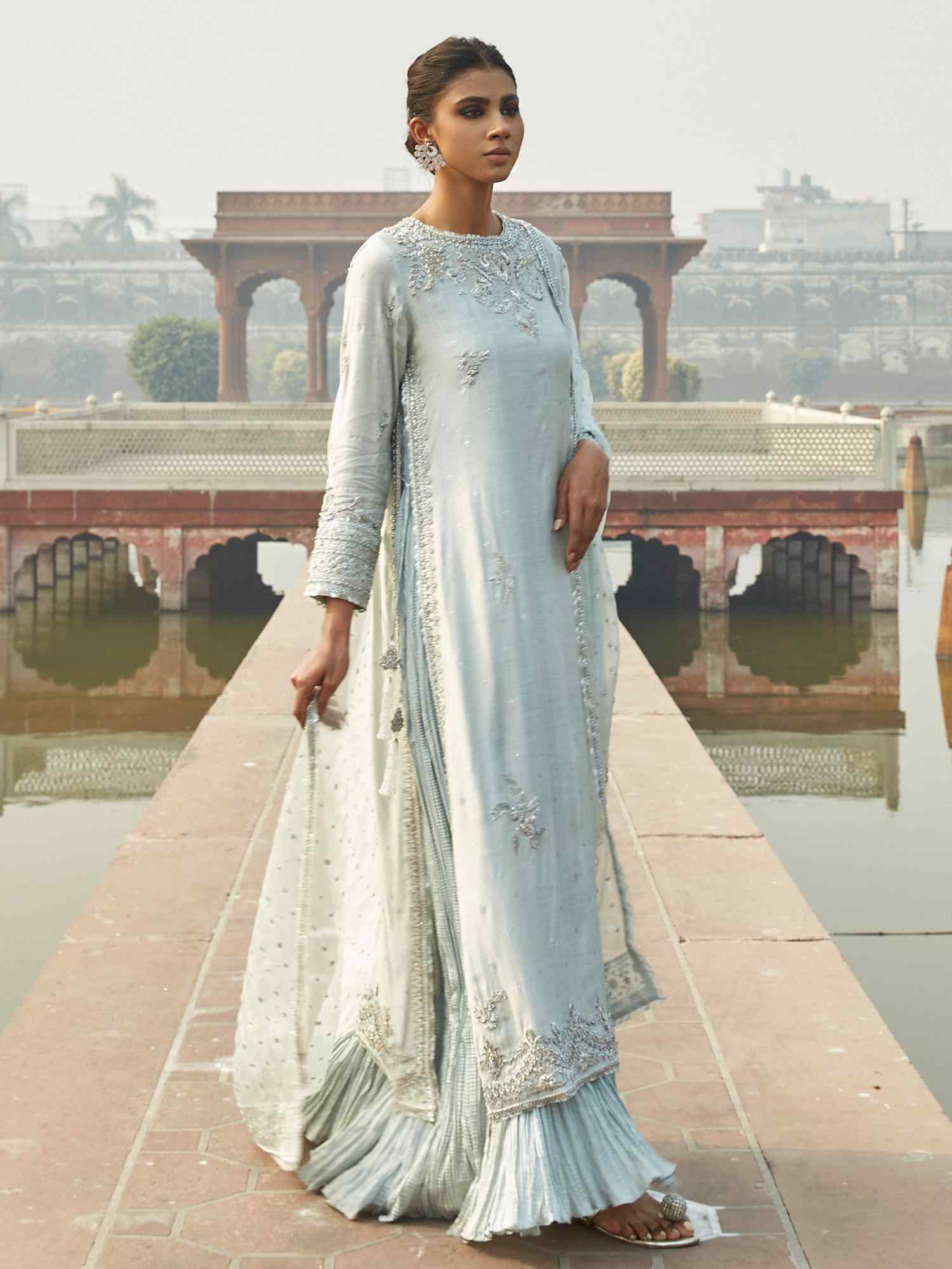 Pakistani Light Aqua Embroidered Khadi Silk Salwar Kameez (3-Piece) - Image 3