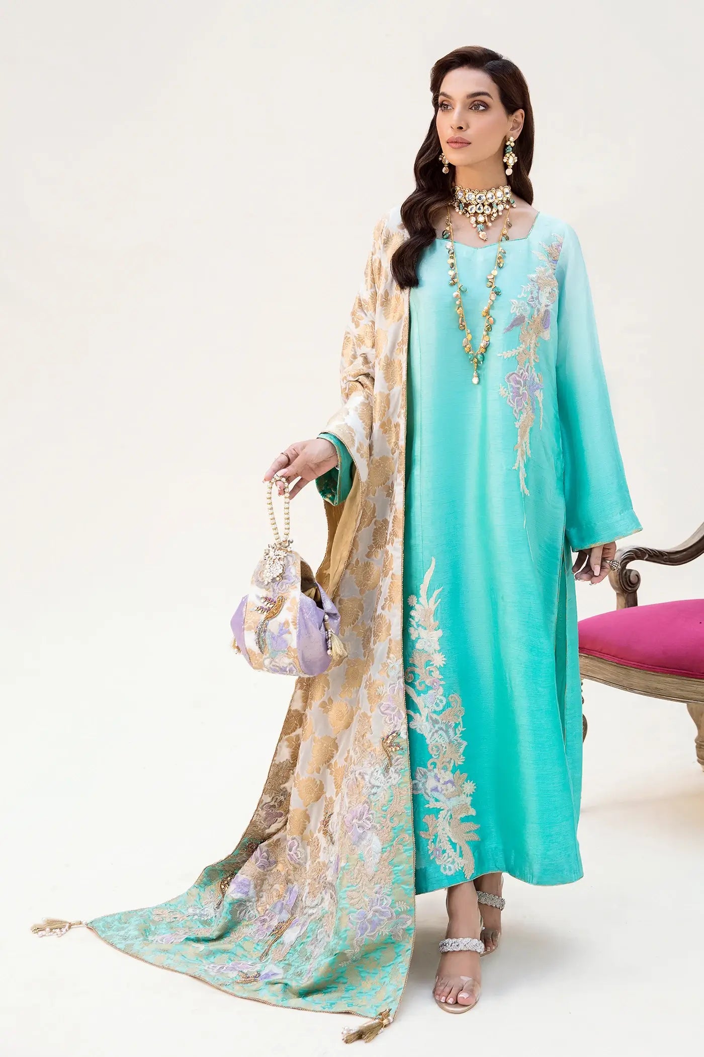 Pakistani Aqua Embroidered Korean Silk Salwar Kameez (3-Piece) - Image 1