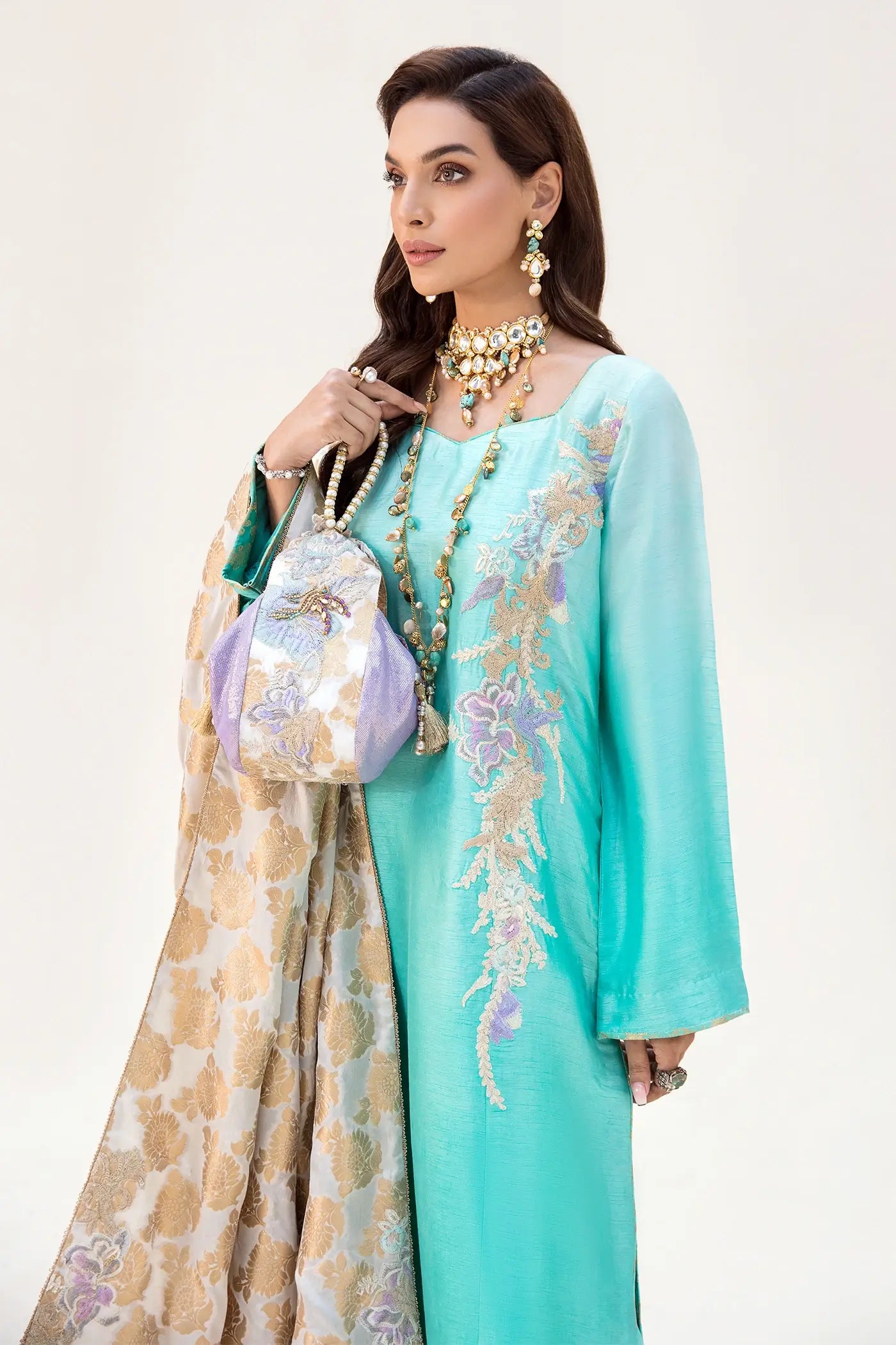 Pakistani Aqua Embroidered Korean Silk Salwar Kameez (3-Piece) - Image 3